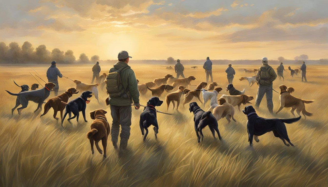 A group of gun dogs training in a wide open field in Nebraska, with trainers giving commands and guiding the dogs through various exercises