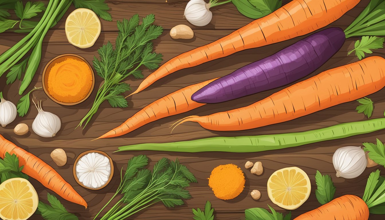 A colorful array of fresh carrots, ginger, and turmeric arranged on a wooden cutting board, surrounded by vibrant herbs and spices