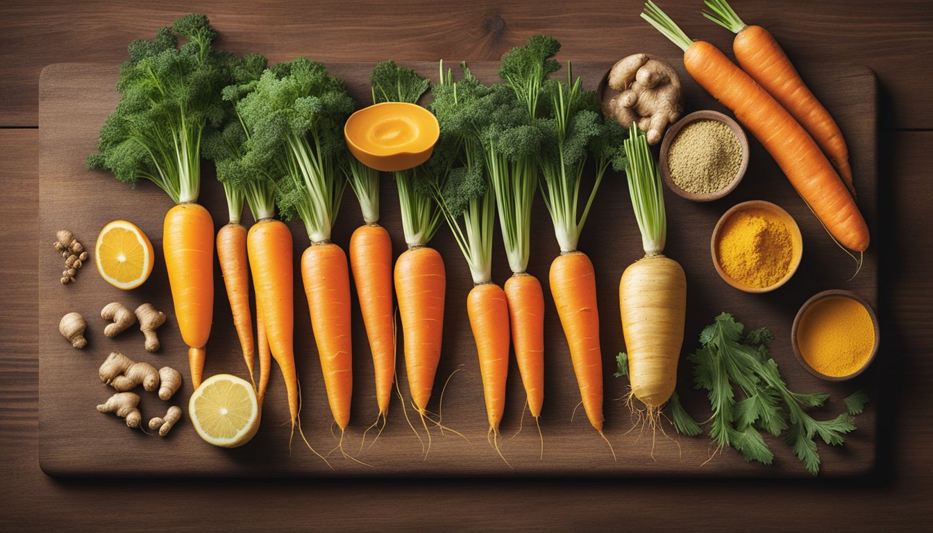 A colorful array of fresh carrots, ginger, turmeric, and other immune-boosting ingredients arranged on a rustic wooden cutting board