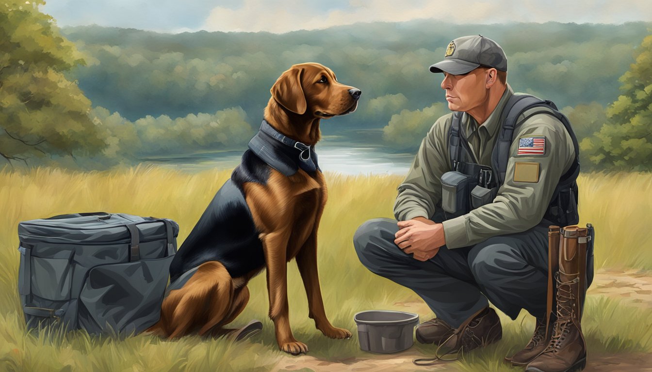 A gun dog sitting attentively beside a handler, surrounded by training equipment and a Virginia landscape