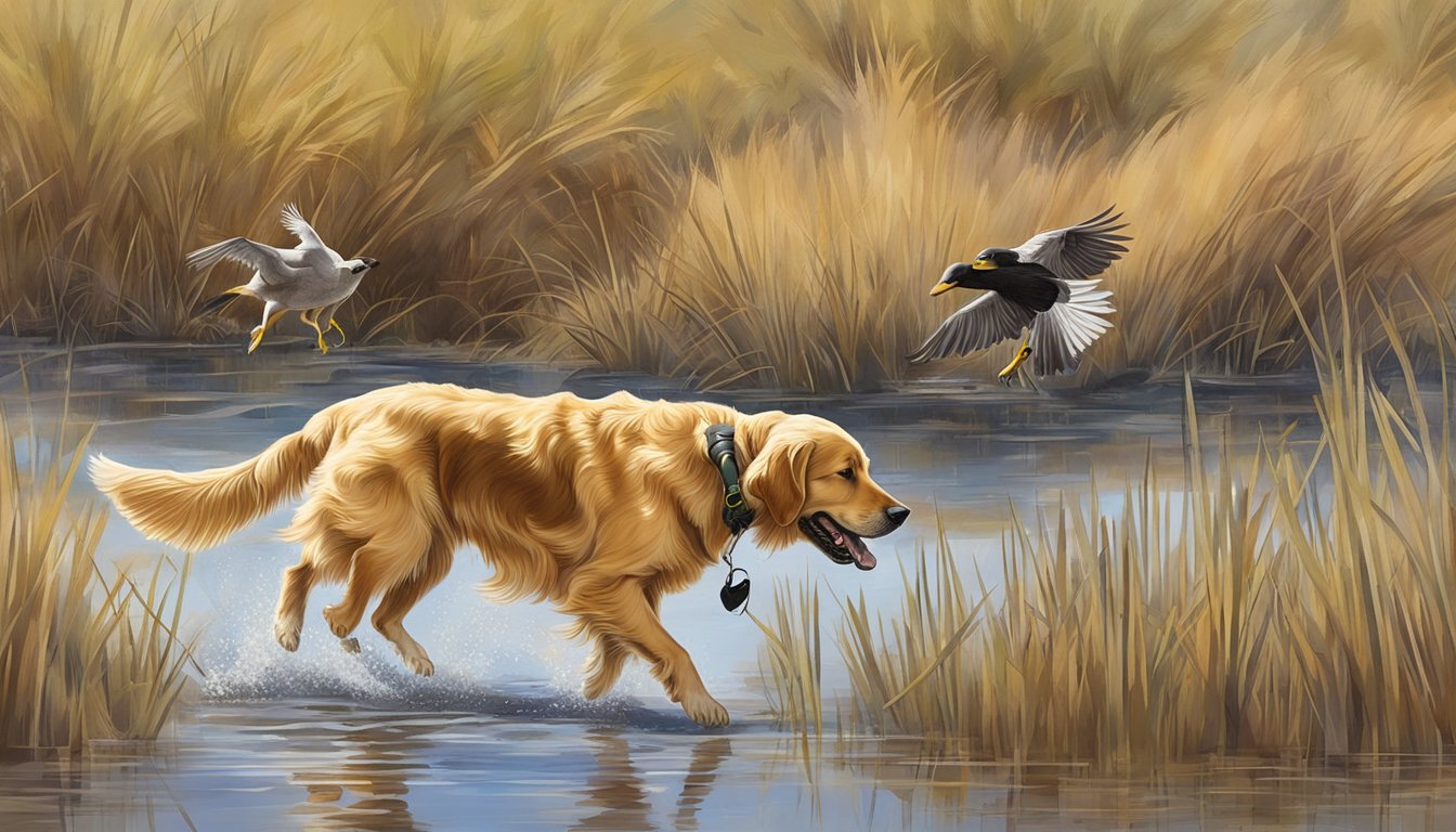 A golden retriever retrieves a duck from a marshy pond during gun dog training in the Nevada desert