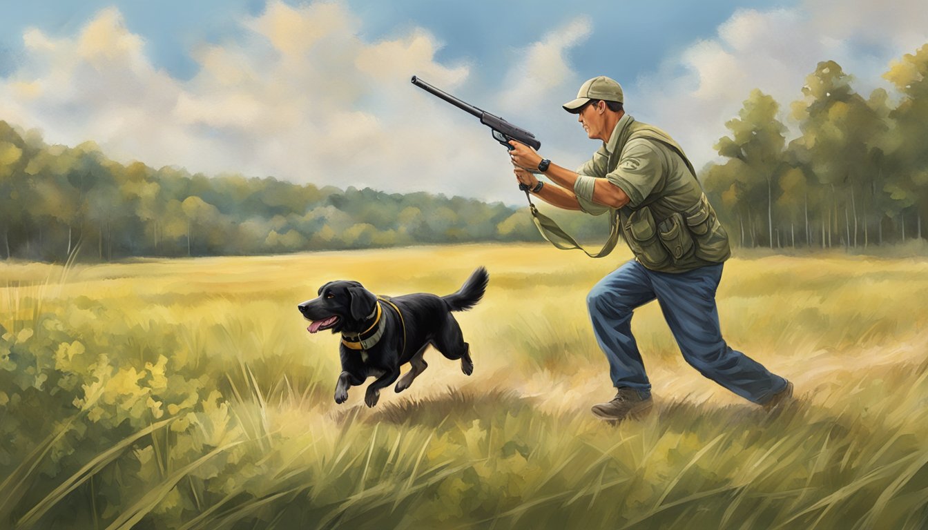 A gun dog trainer in Virginia uses advanced techniques in a field, with a dog following commands and retrieving objects