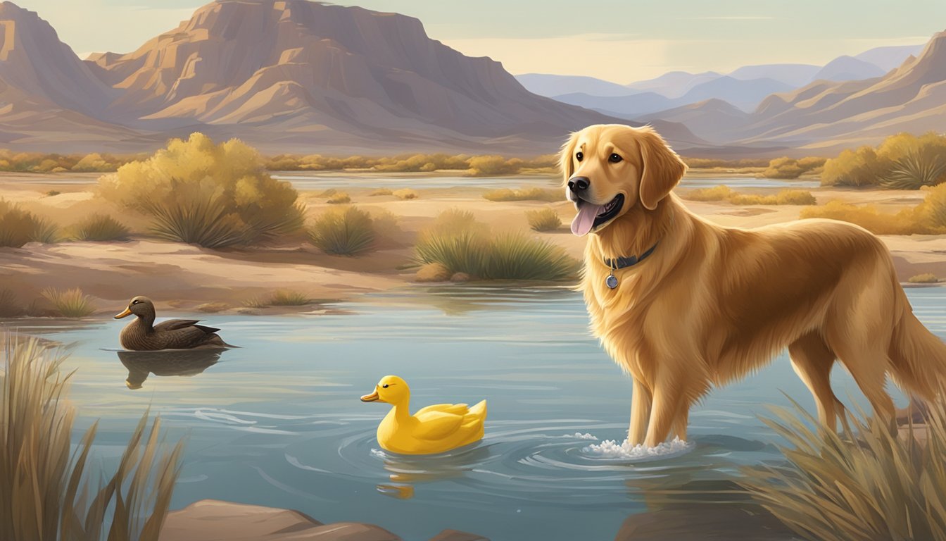 A golden retriever retrieves a duck from a pond, surrounded by desert terrain and mountains in the background