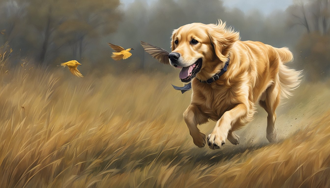 A golden retriever running through a field, retrieving a fallen bird during gun dog training in New Jersey