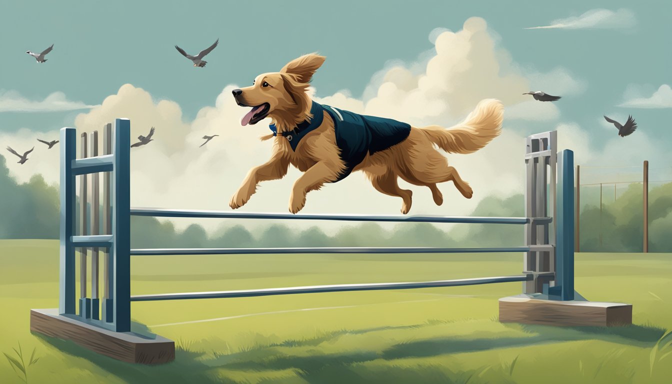 A retriever leaps over a hurdle, eyes focused on a flying bird. A trainer watches nearby, holding a whistle and wearing a vest