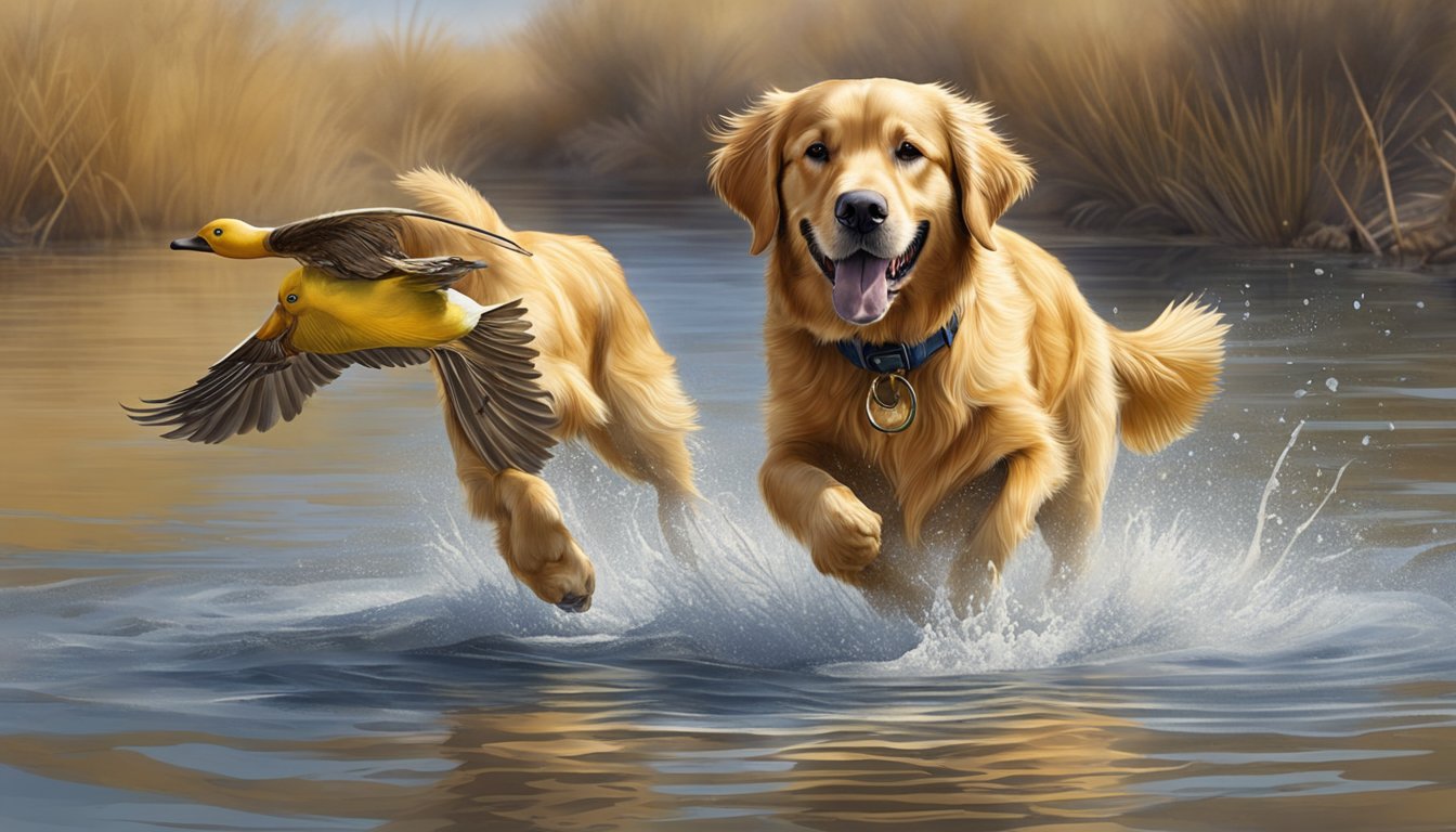 A golden retriever retrieves a duck from the water during field training in the Nevada desert