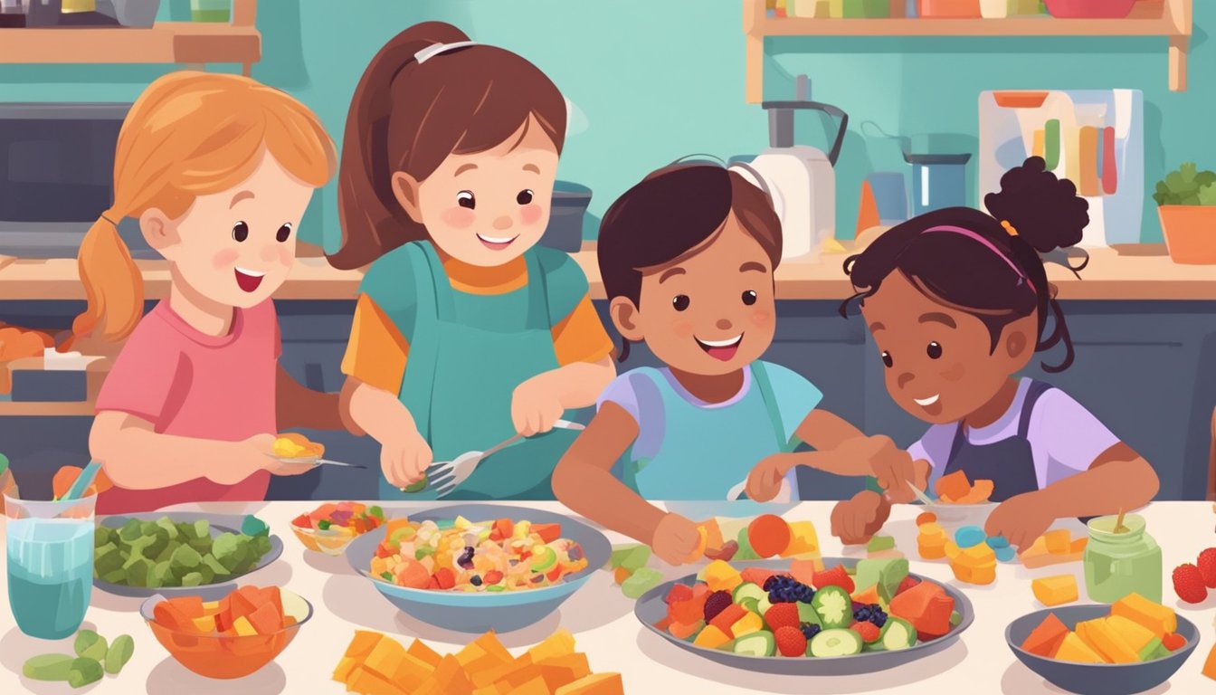 Kids happily assembling simple, colorful snacks at a low table with various ingredients and utensils spread out in front of them