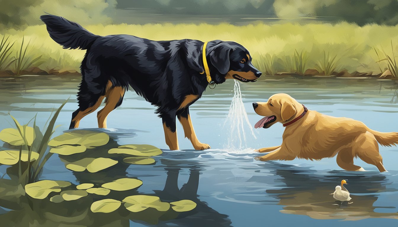 A dog trainer in New Jersey instructs a retriever to retrieve a duck from a pond. The trainer points and commands the dog from the edge of the water