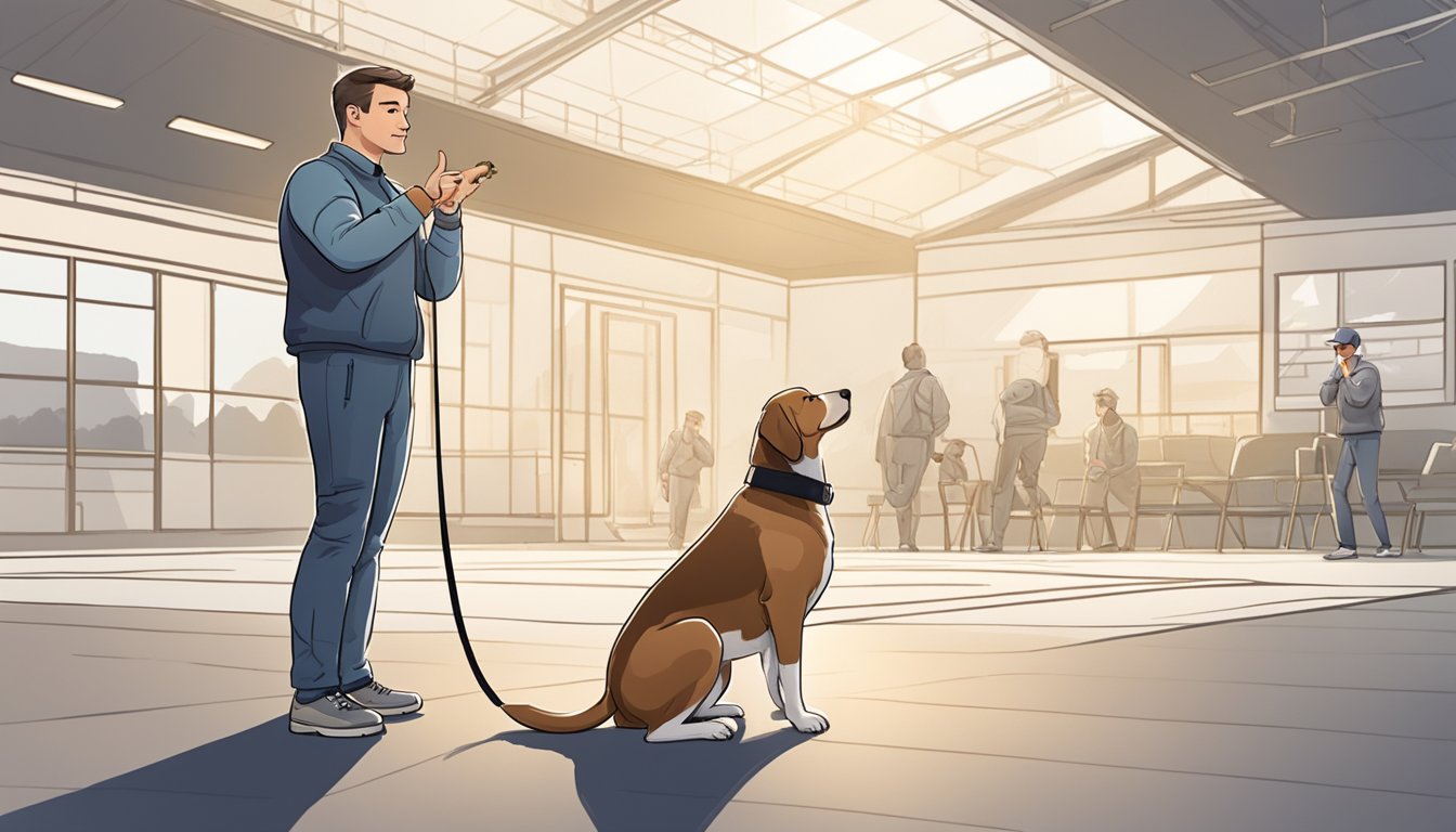 A dog standing in a spacious, well-equipped training facility, with a trainer holding a whistle and gesturing commands