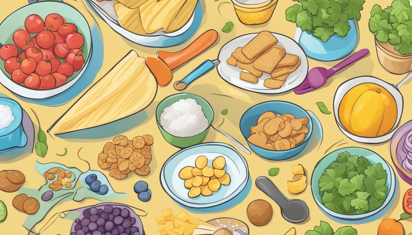 A colorful kitchen counter with various ingredients and simple kitchen tools laid out for kids to easily make their own snacks