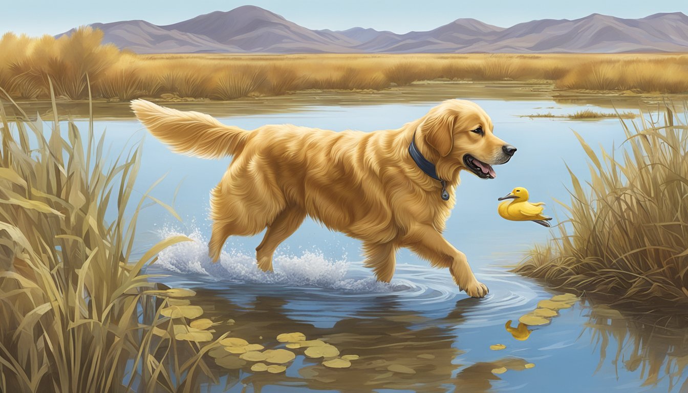 A golden retriever retrieves a duck from a marsh in Nevada