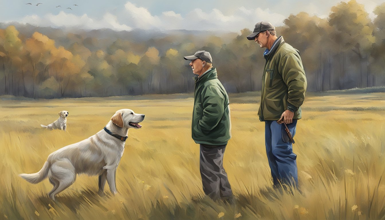 A gun dog trainer works with a retriever in a New Jersey field, using whistle commands and hand signals to teach obedience and retrieving skills