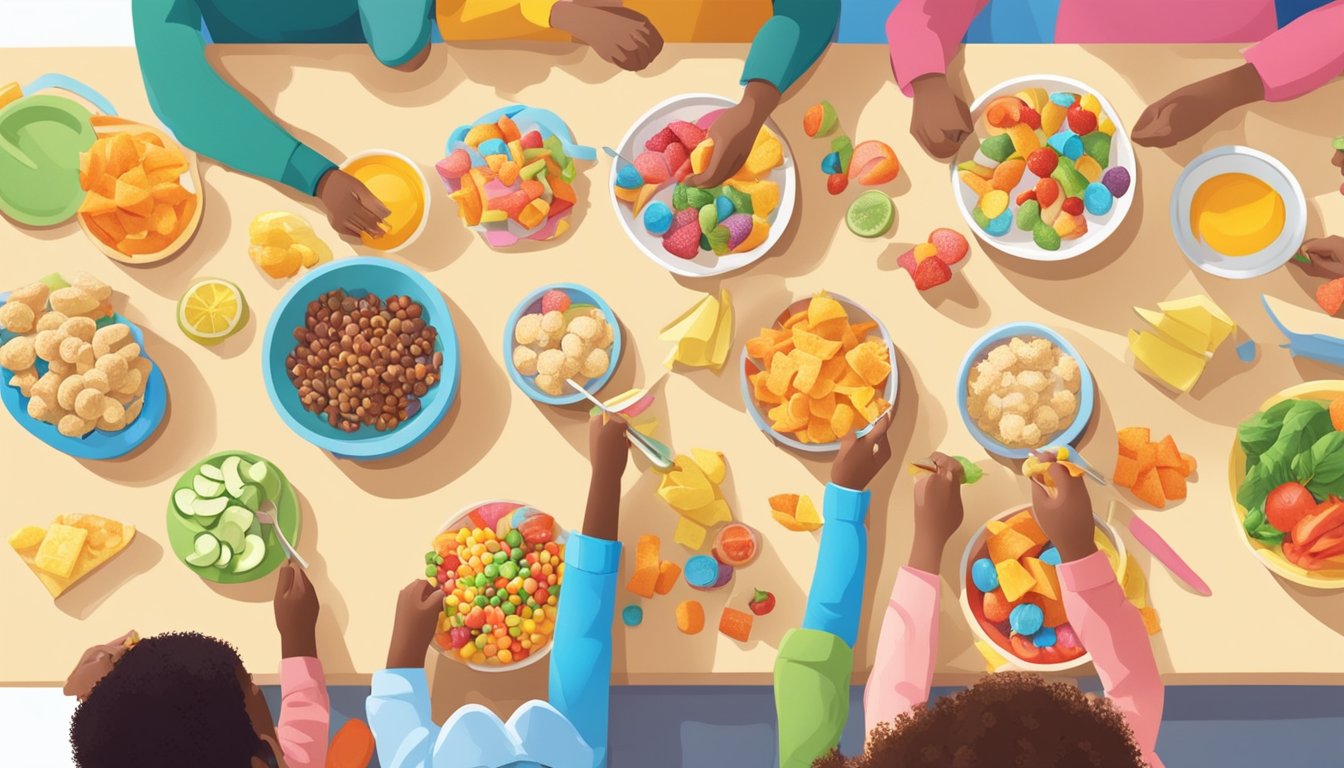 Children happily assembling simple, colorful snacks at a low table with a variety of ingredients and utensils within reach