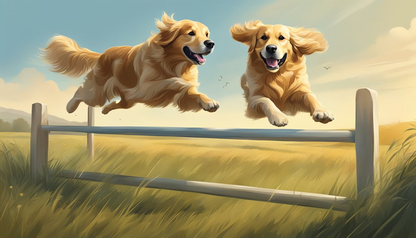 A golden retriever leaps over a series of hurdles in a vast open field, guided by a trainer with a whistle and hand signals