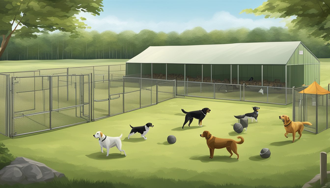 A spacious training field with kennels, dog agility equipment, and hunting gear in rural New Jersey