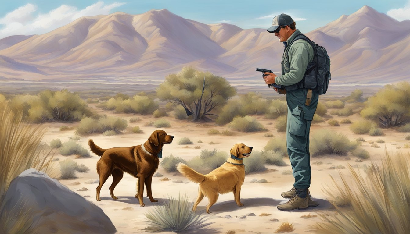 A hunter selects a retriever while a trainer demonstrates gun dog commands in the Nevada desert