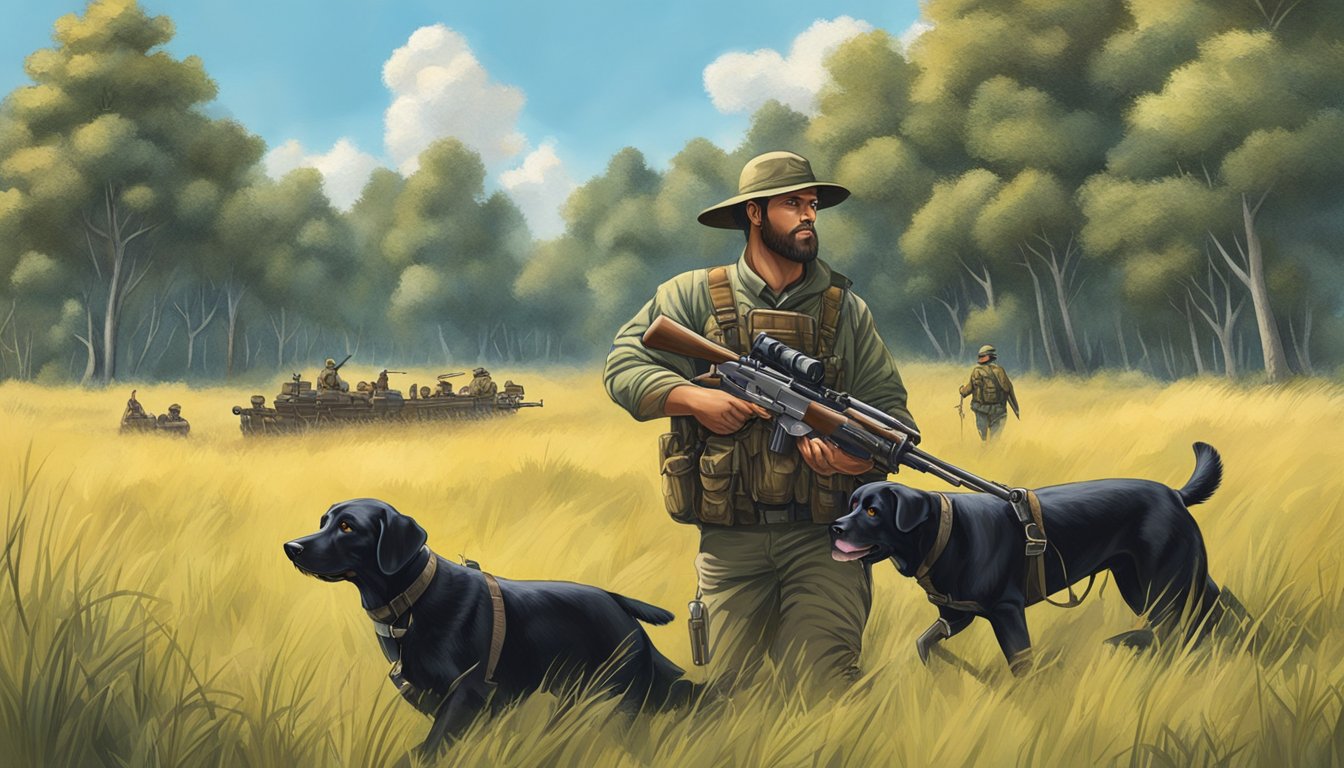 A hunter and their gun dog train in a grassy field, surrounded by trees and under a clear blue sky