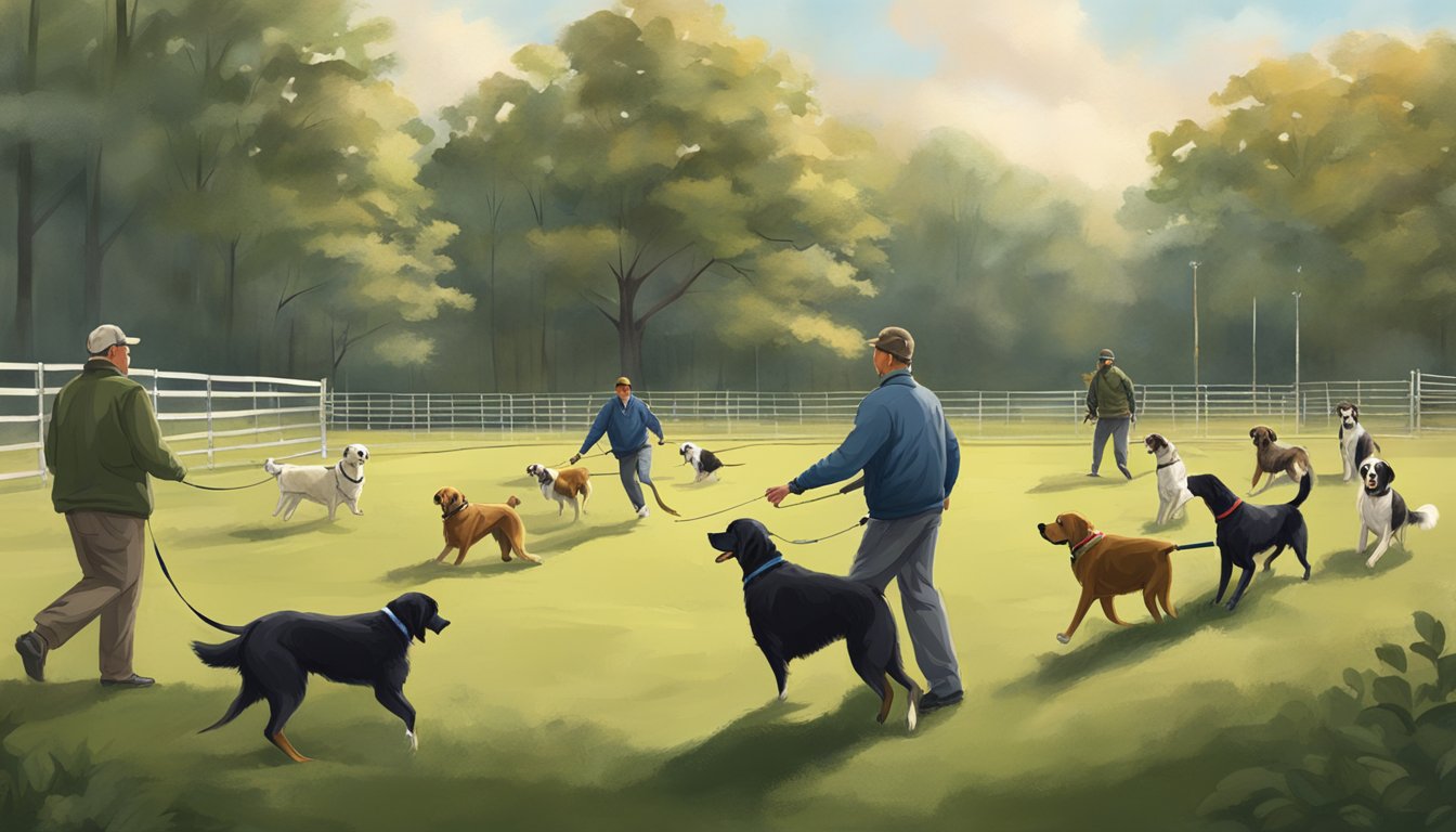 A gun dog training field in New Jersey with trainers and dogs practicing retrieving, obedience, and agility exercises