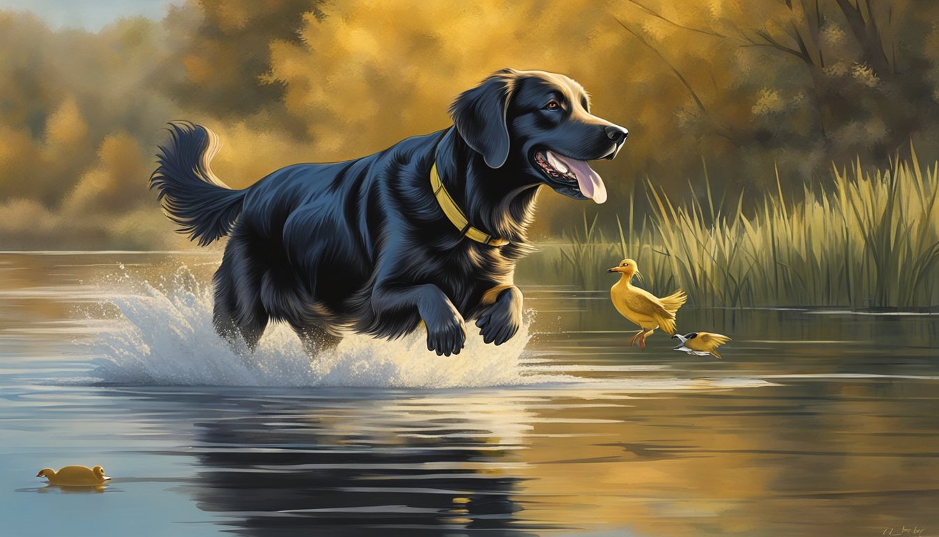 A golden retriever retrieves a duck from a serene Wisconsin lake during gun dog training