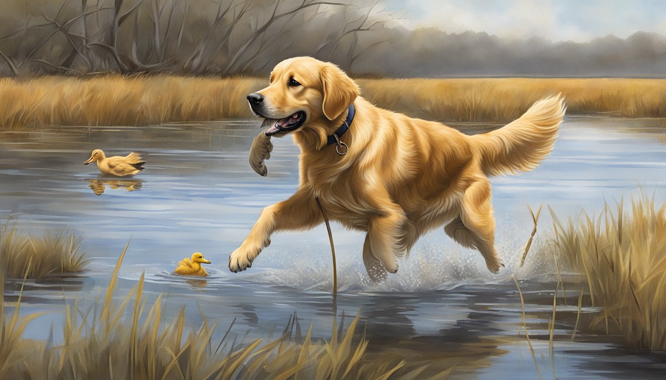 A golden retriever eagerly retrieves a fallen duck from a serene Wisconsin marsh during a gun dog training session