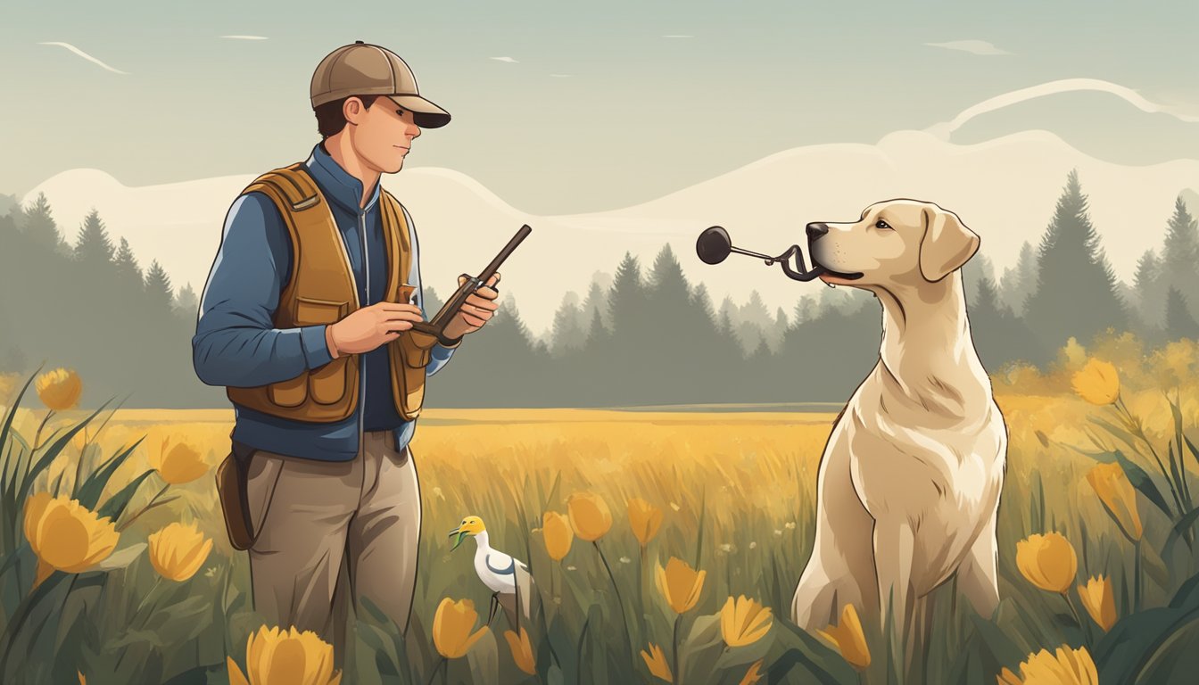 A retriever stands in a field, holding a duck in its mouth. A trainer watches, holding a whistle and wearing a vest with training tools