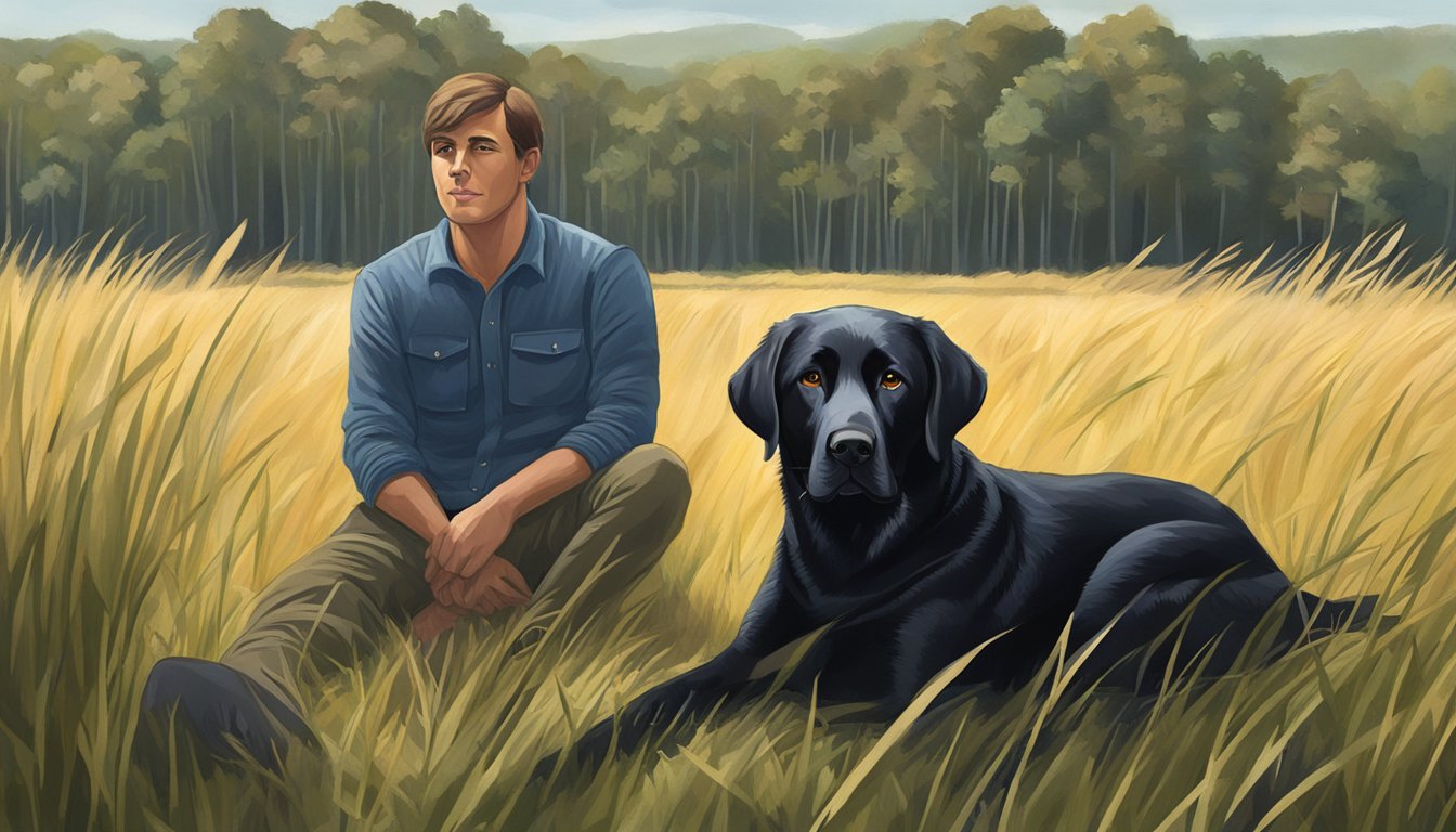 A black Labrador retriever sits attentively beside its owner, surrounded by tall grass and a forested landscape in North Carolina