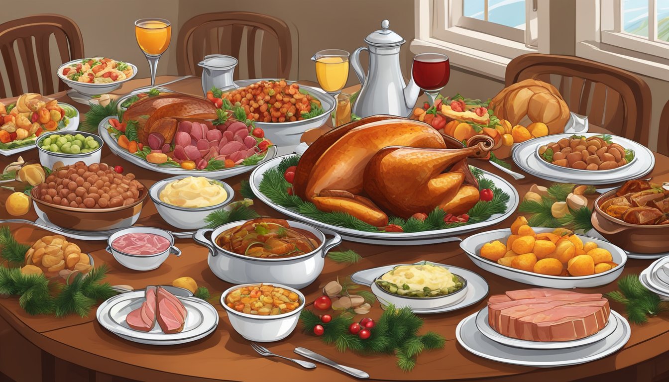 A festive table with an array of elaborate main courses and make-ahead dishes for the holidays, including roast turkey, glazed ham, and various side dishes