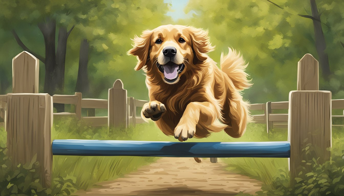 A golden retriever leaps over a hurdle in a lush Wisconsin field during advanced gun dog training and competitions