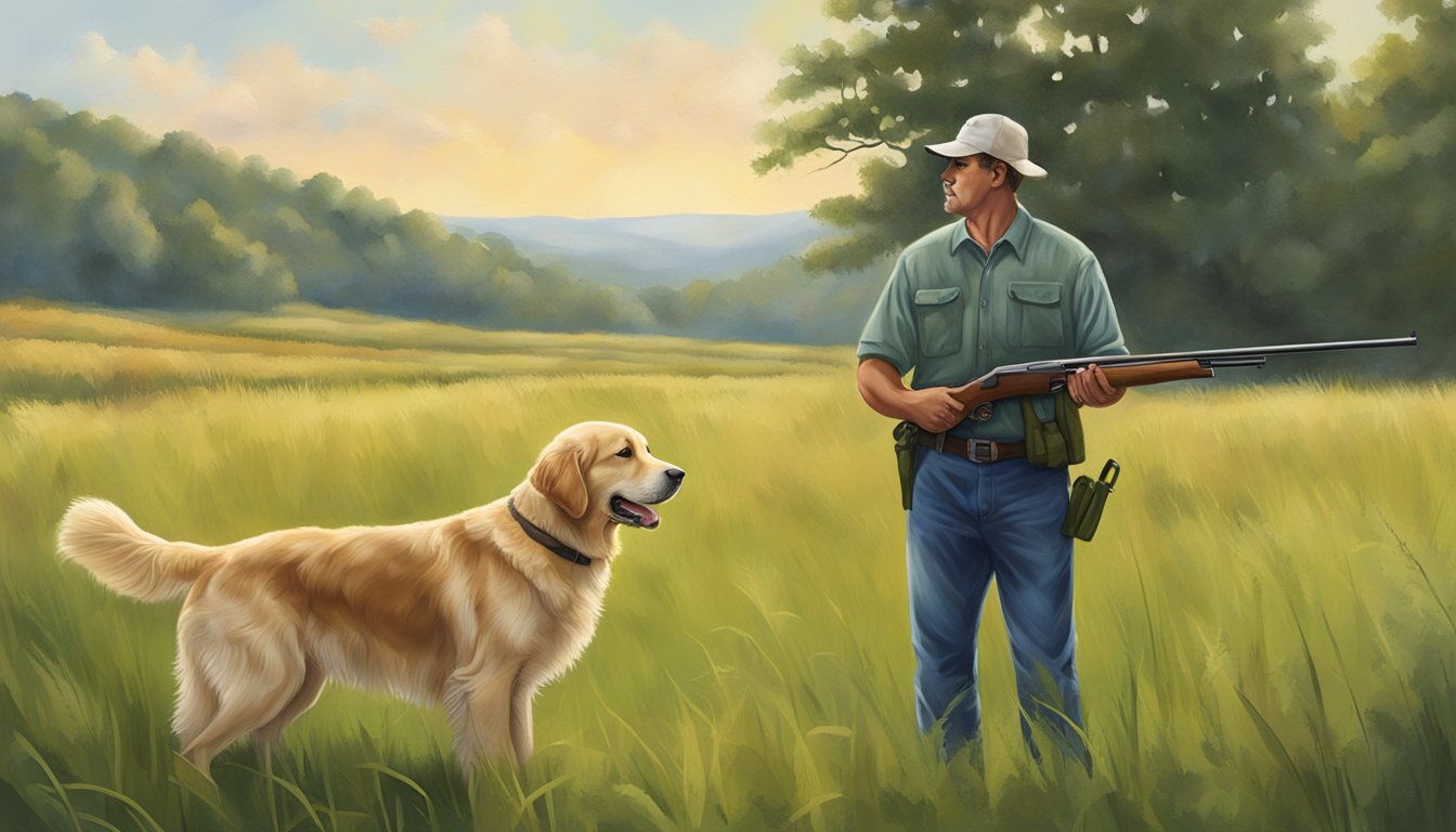 A golden retriever stands alert in a field, tail wagging, as a trainer holds a shotgun nearby. The North Carolina landscape is lush and green