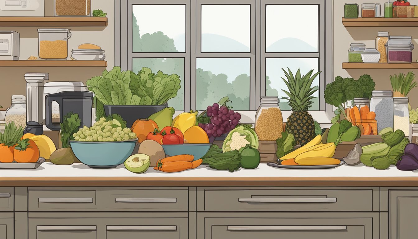 A bustling kitchen counter with a variety of fresh fruits, vegetables, grains, and proteins laid out for meal prep. A calendar on the wall shows the week's schedule