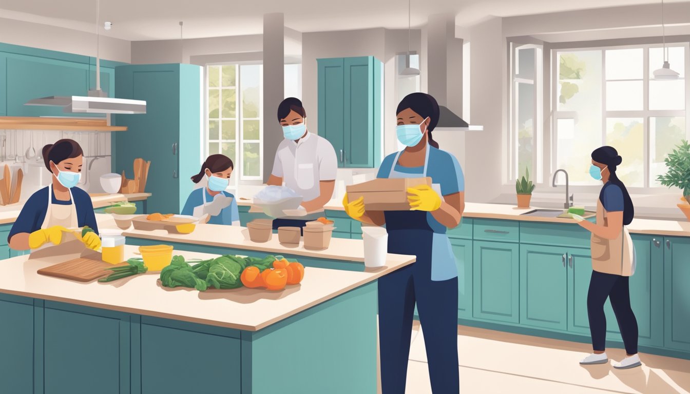 A family preparing and packaging meals in a clean and organized kitchen, wearing masks and gloves while following health and safety guidelines