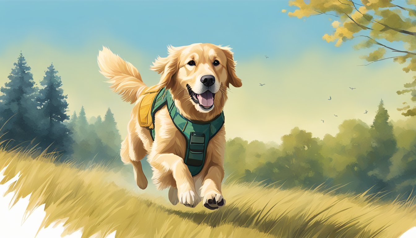 A golden retriever running through a field with a hunting vest and a whistle around its neck, surrounded by trees and a clear blue sky