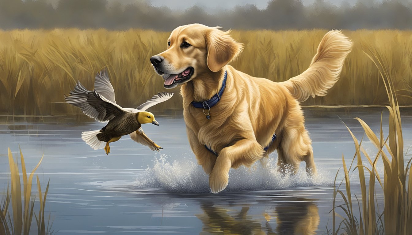 A golden retriever retrieves a duck from a marshy Wisconsin wetland during gun dog training