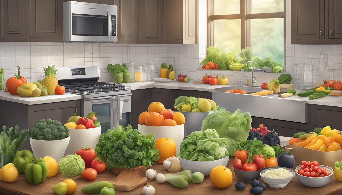 A bustling kitchen with a whiteboard calendar, recipe books, and a variety of fresh fruits and vegetables laid out on the counter