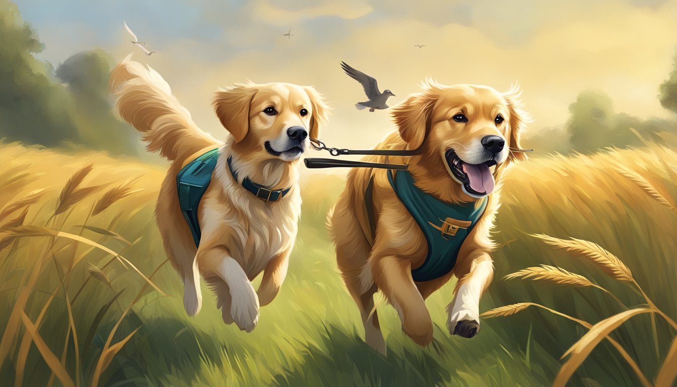 A golden retriever running through a field with tall grass, carrying a duck in its mouth. A trainer stands in the background, holding a whistle and wearing a hunting vest