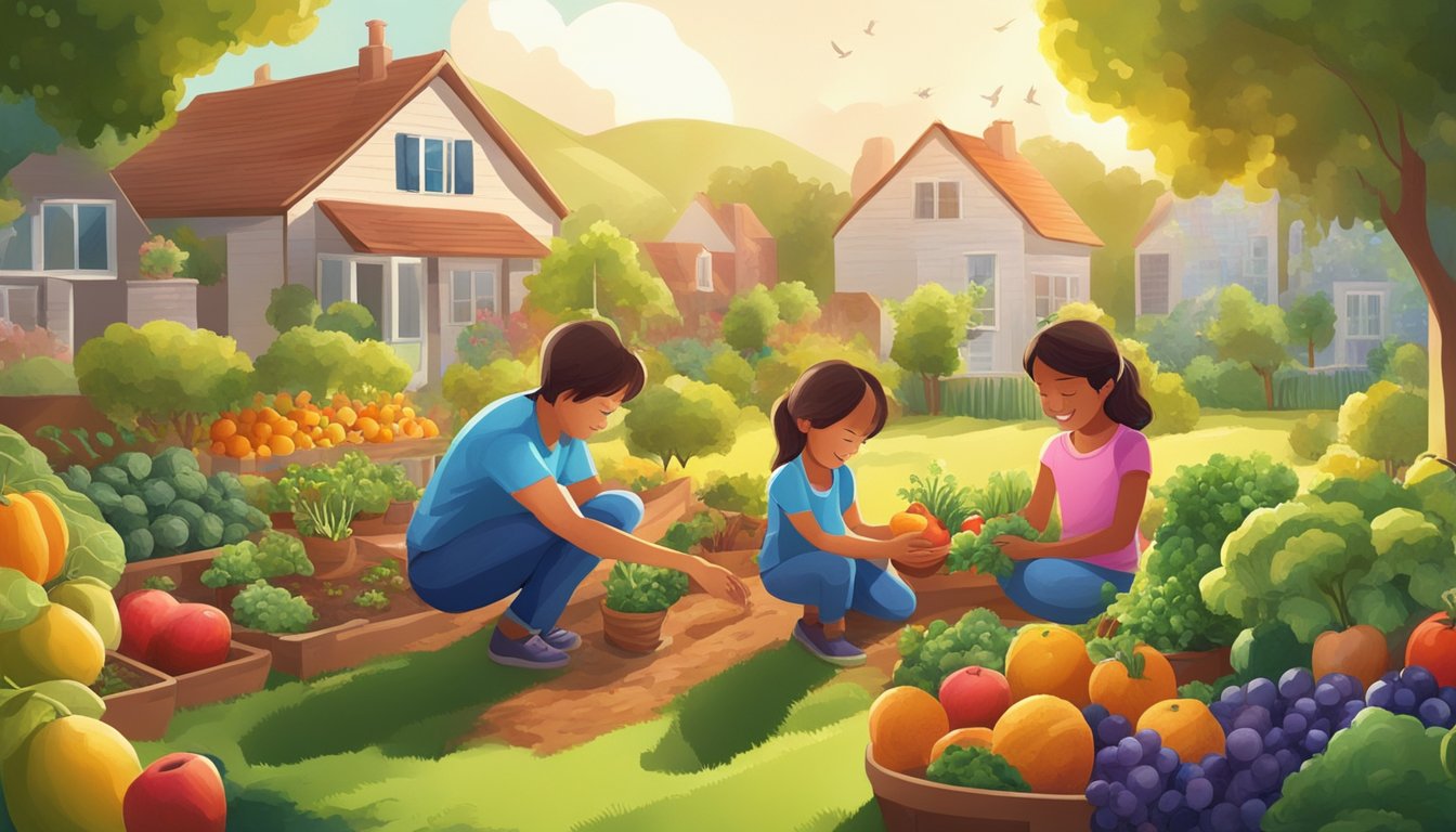 A family planting a garden together, surrounded by colorful fruits and vegetables, with the sun shining overhead and birds chirping in the background