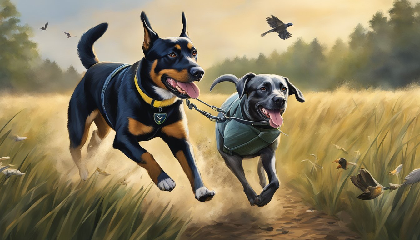 A dog running through a field with a bird in its mouth, surrounded by trainers and equipment for gun dog training in North Carolina