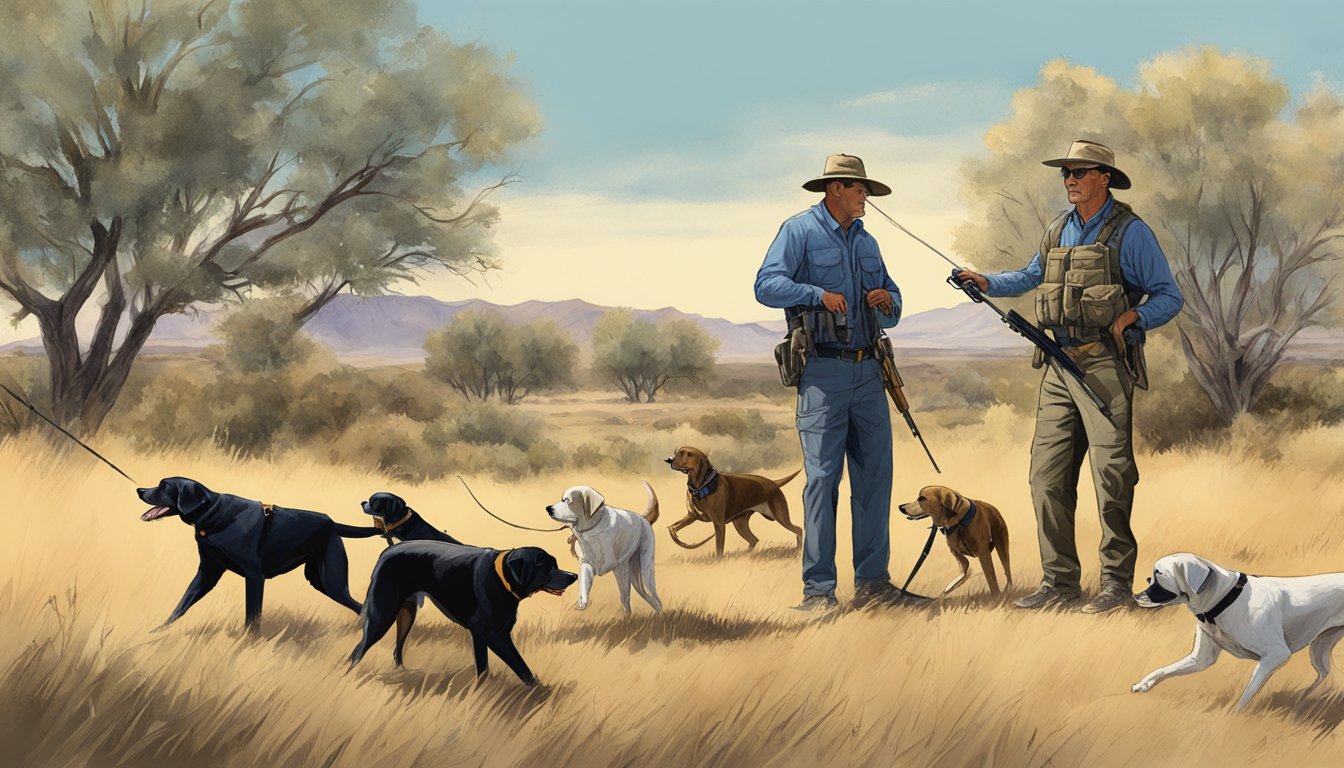 A gun dog training field in New Mexico, with handlers using key training techniques to work with their dogs