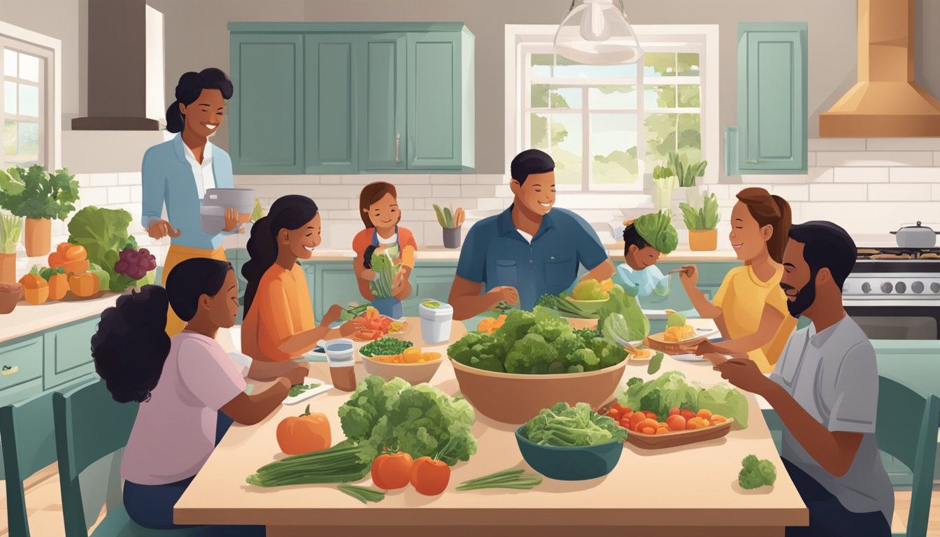 A bustling kitchen with fresh produce, a meal planner on the counter, and a busy Texan family gathered around a table enjoying a nutritious meal