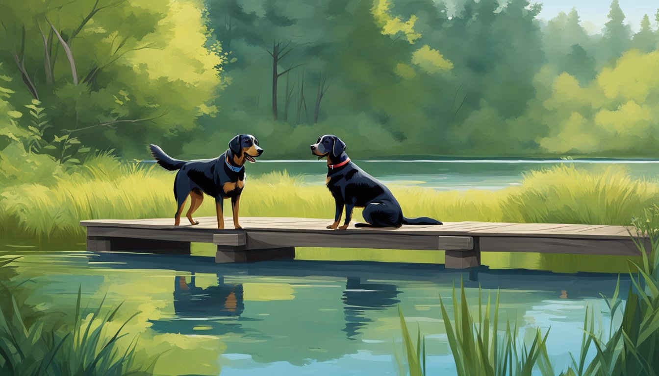 A tranquil lakeside setting with a wooden dock, surrounded by lush greenery and a clear blue sky, where two gun dogs are being trained for hunting