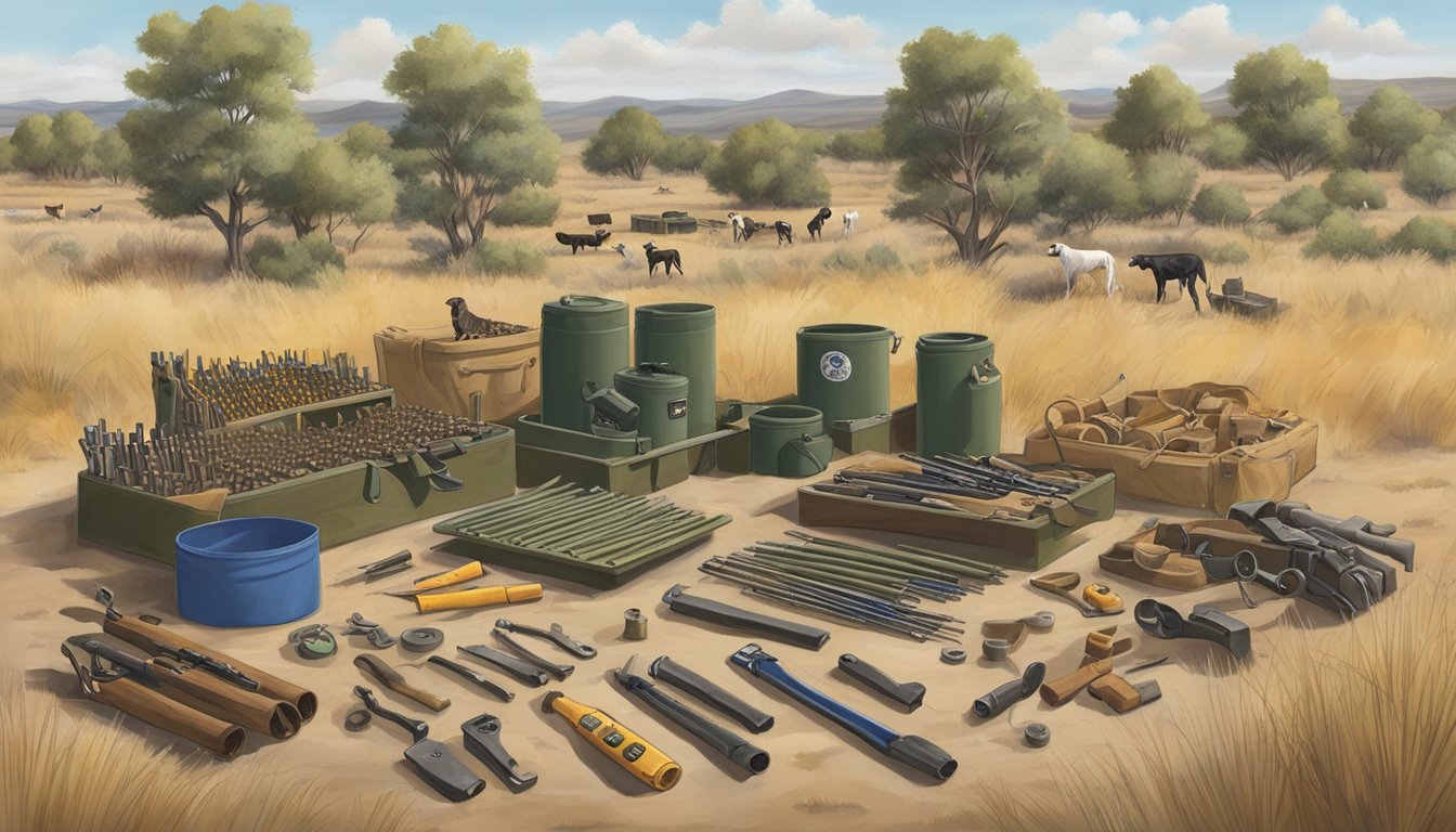 A gun dog training field in New Mexico, with a variety of tools and equipment scattered around, including whistles, dummies, and training collars