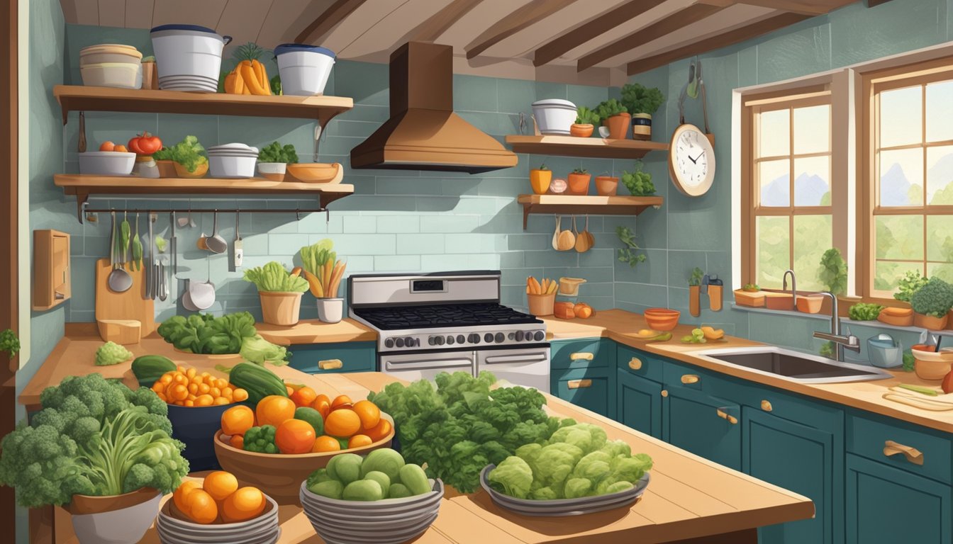 A bustling kitchen with fresh produce, recipe books, and a calendar on the wall. A busy Texan family plans and preps nutritious meals