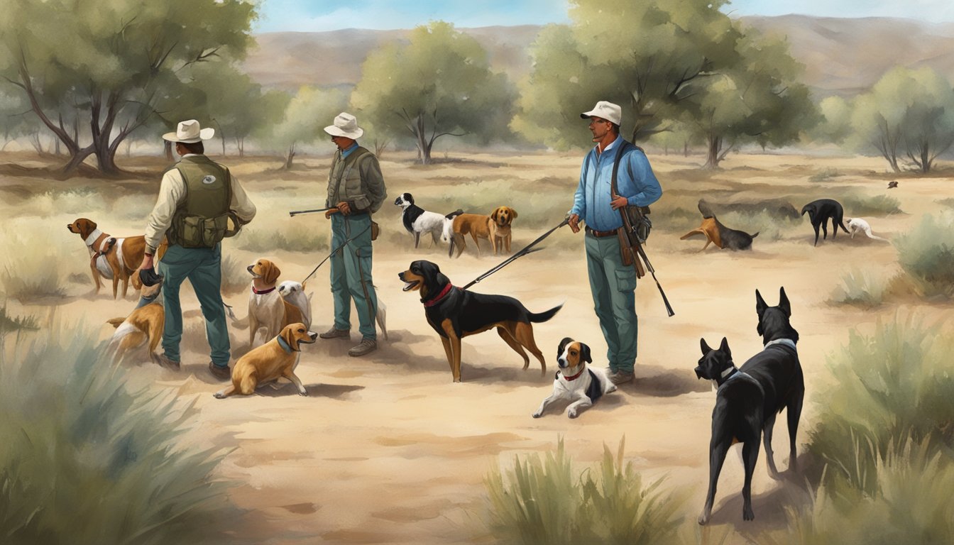 A gun dog training field in New Mexico, with dogs socializing and being exposed to various environments