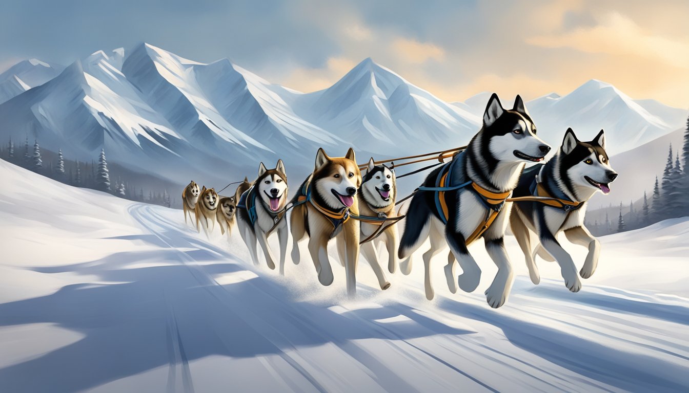 A team of sled dogs pulling a hunter through a snowy Alaskan landscape, with mountains in the distance and a sense of adventure in the air