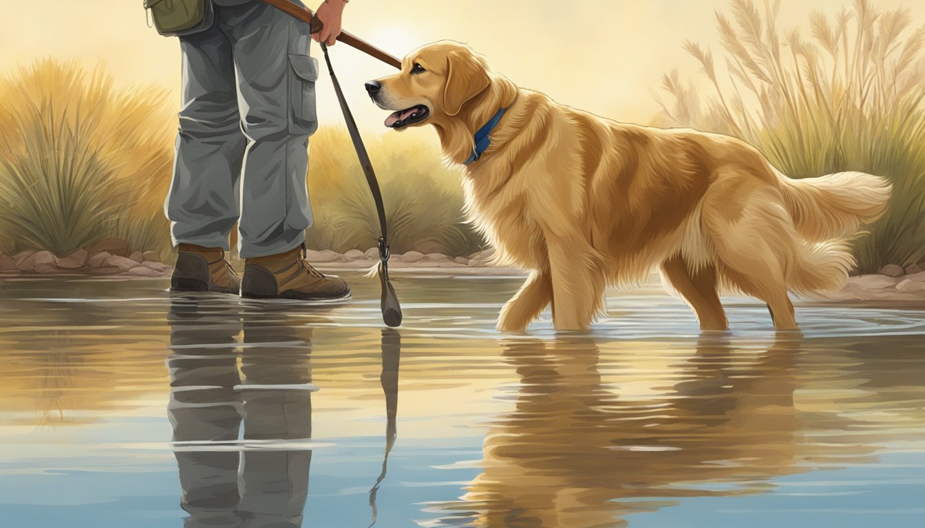 A golden retriever retrieves a duck from a pond, while a trainer watches from the shore in the New Mexico desert