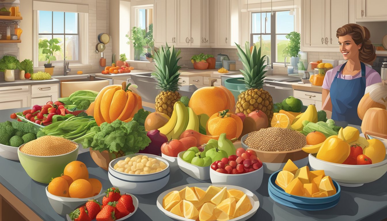 A colorful array of fresh fruits, vegetables, grains, and proteins spread out on a kitchen counter, with a busy Texan family in the background