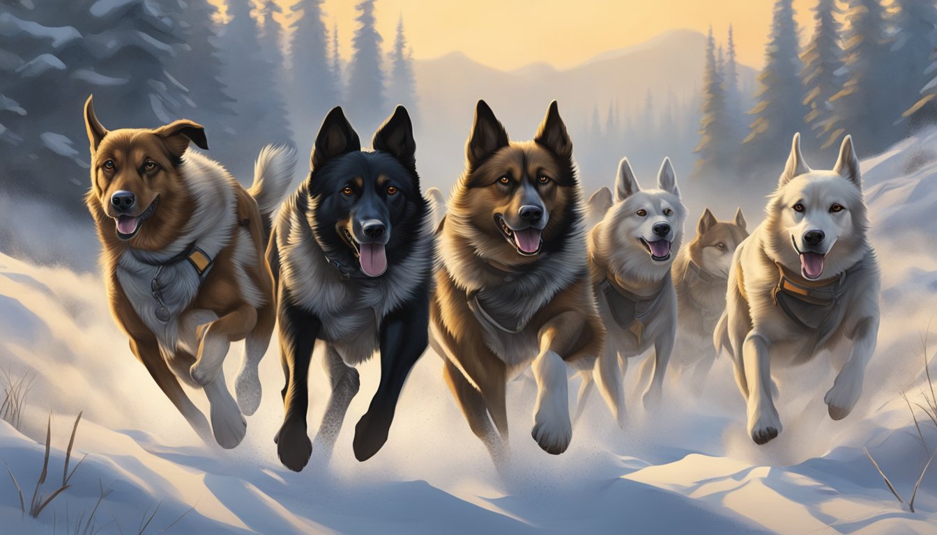 A pack of hunting dogs running through the Alaskan wilderness, noses to the ground, searching for game