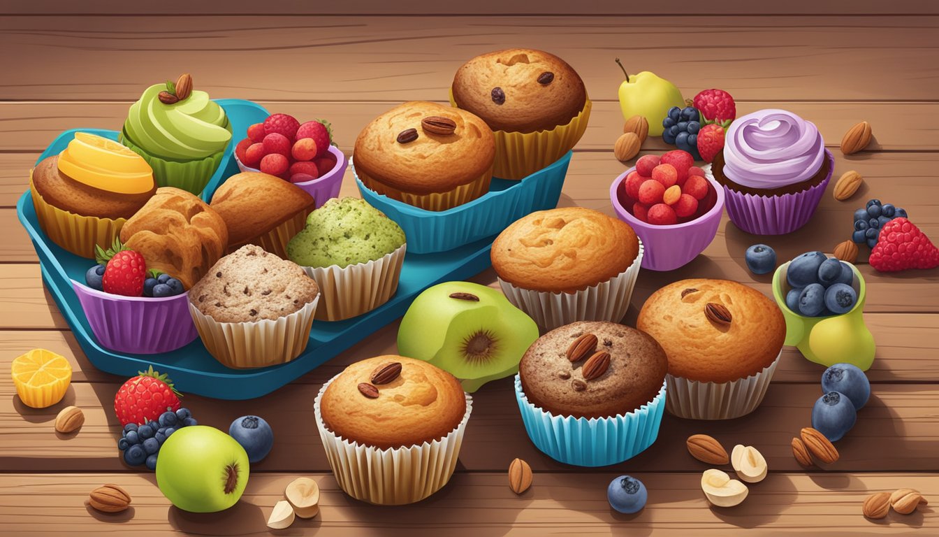 A colorful array of freshly baked muffins arranged on a wooden breakfast table, surrounded by a variety of fruits and nuts