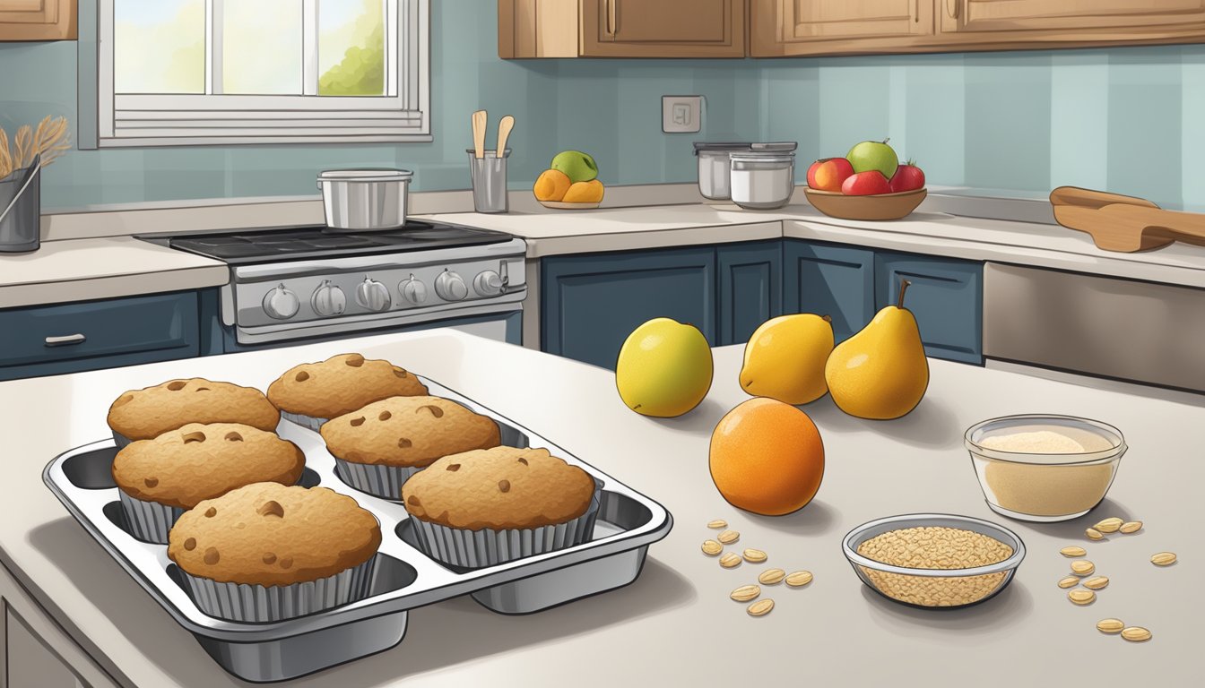 A kitchen counter with fresh fruits, whole wheat flour, oats, and honey. A muffin tin sits nearby, ready to be filled with batter