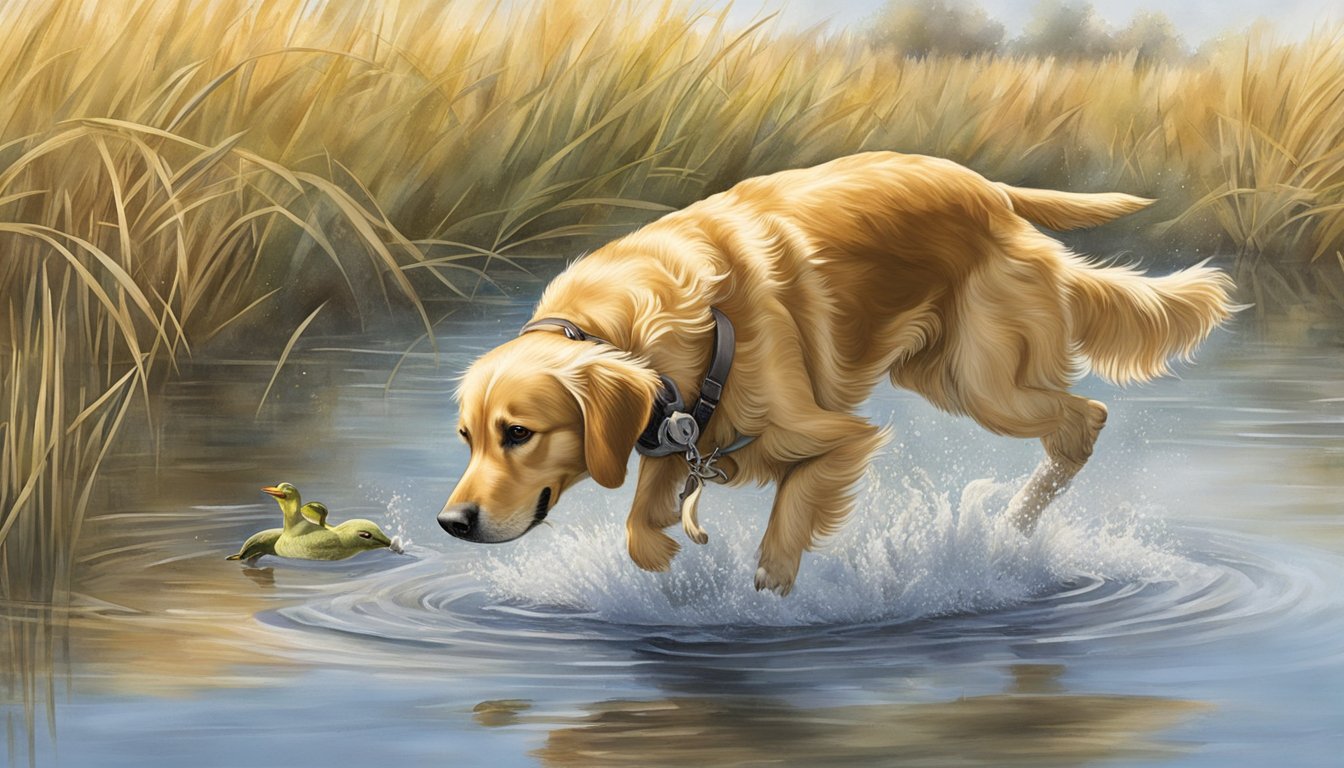 A golden retriever retrieves a duck from a pond in a North Dakota field during gun dog training